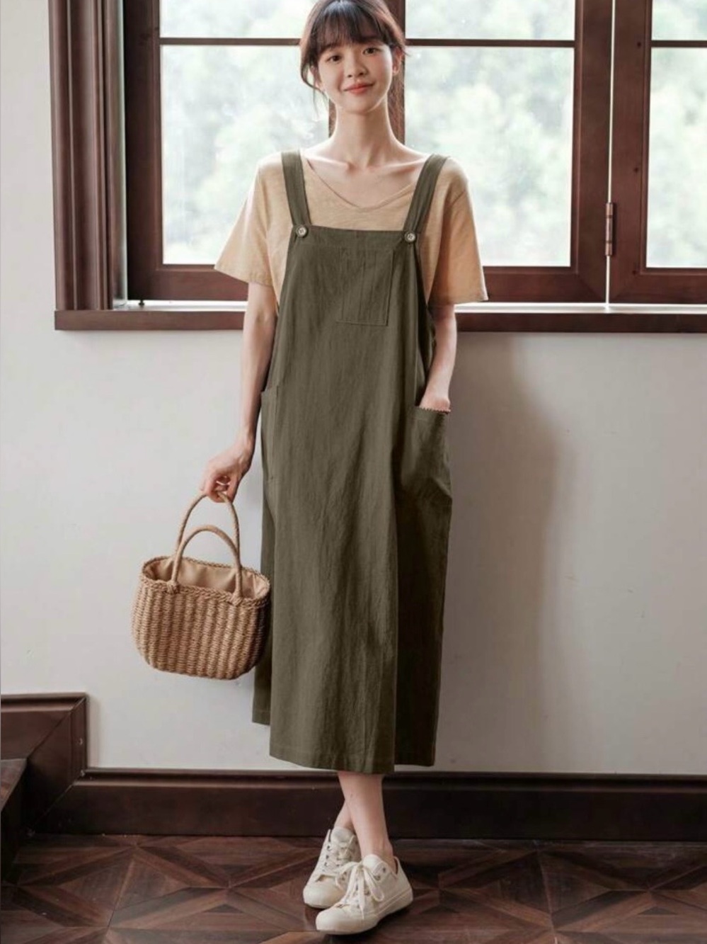 100% Cotton Olive Green Overall Dress With Pockets